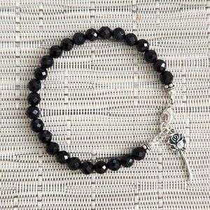 WOMEN'S CUSTOM ( BLK ONYX BRACELET  WITH STERLING SILVER  ROSE CHARM